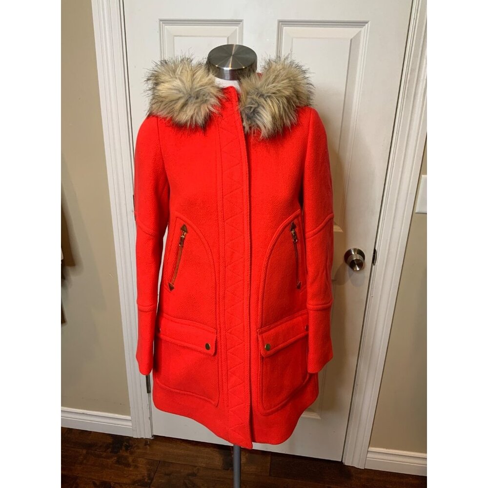 J. Crew Red Chateau Parka Stadium Cloth Nello Gori Faux Fur Hood Coat, Size 0